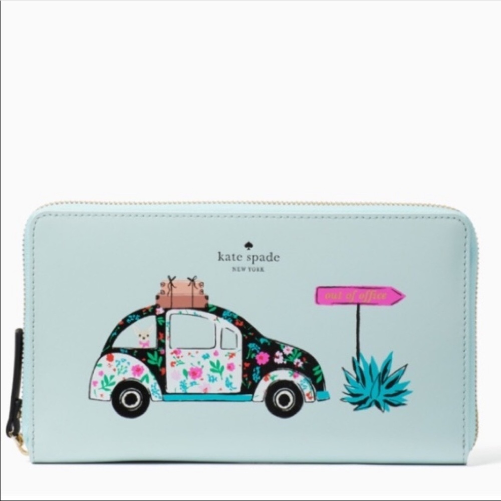 kate spade light blue floral car zip-around wallet